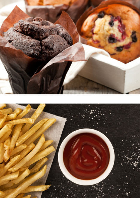 Schokomuffins und Johannisbeermuffins sowie Pommes mit Ketchup sind ein Teil der Angebots des Bistro Suesel Seeparx