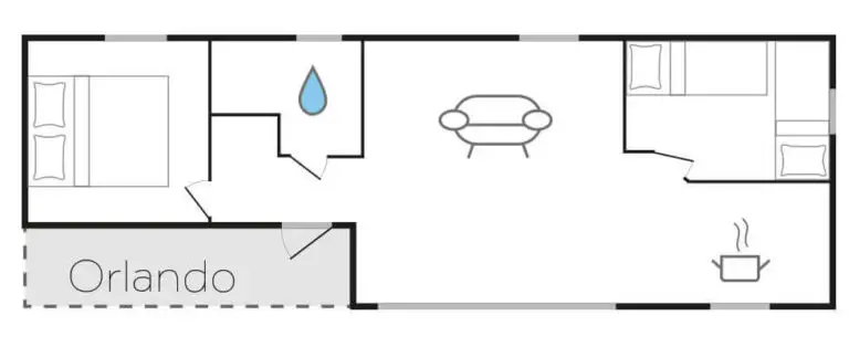 Chalet Grundriss Orlando mit Schlafzimmer, rechts davon das Bad, rechts davon Wohnzimmer mit offener Küche, darüber rechts ein zweites Schlafzimmer