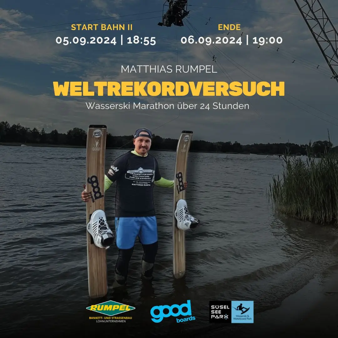 Mehr über den Artikel erfahren Matthias Rumpel – Weltrekordversuch: 24-Stunden-Wasserski-Marathon! 
